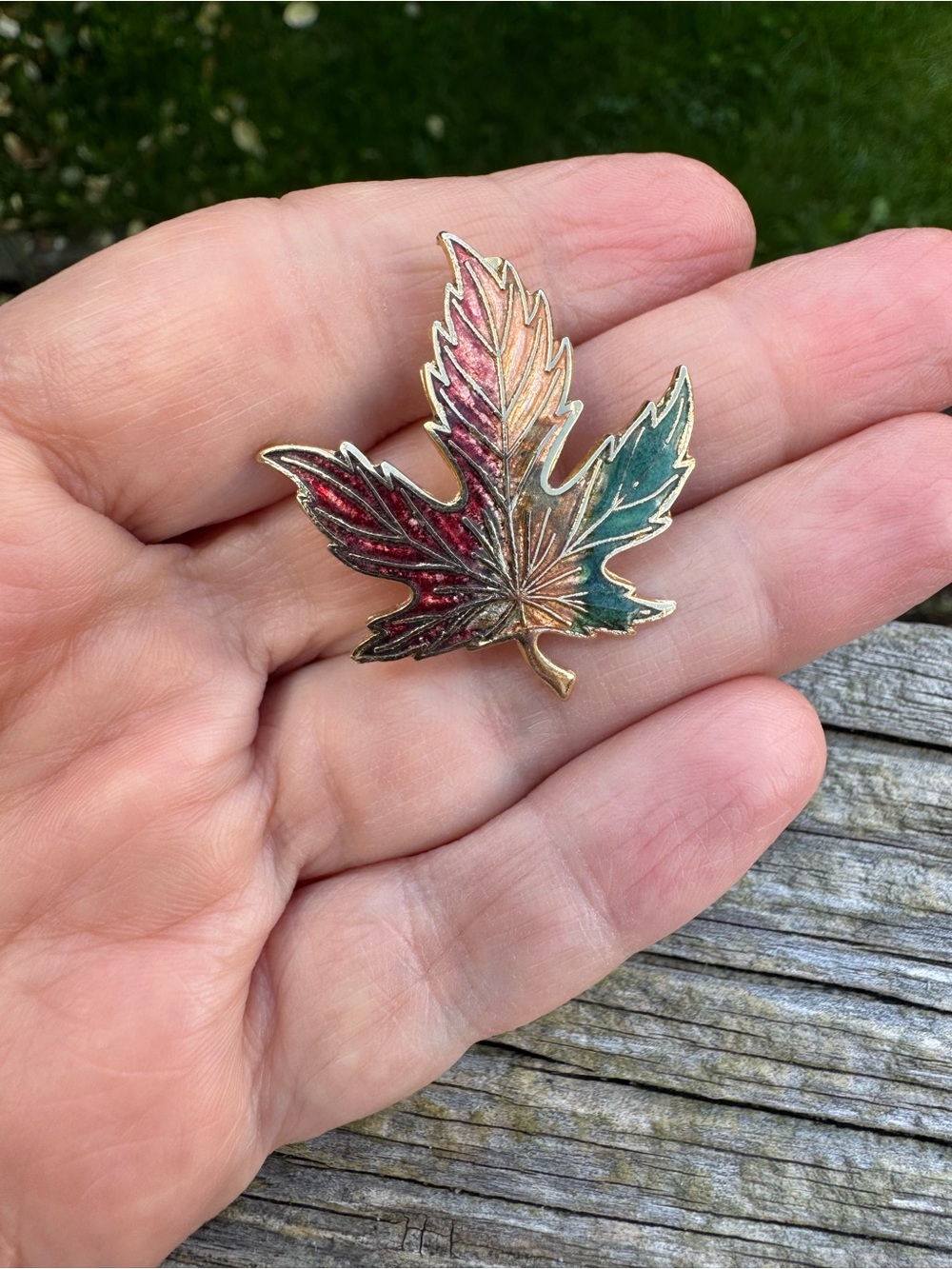 Vintage Multicolor Enamel Maple Leaf Brooch - Gold Edged